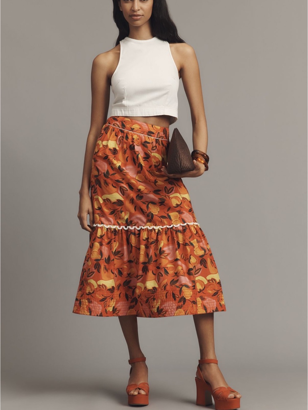 FARM Rio Tiered Flare-Hem Printed Midi Skirt